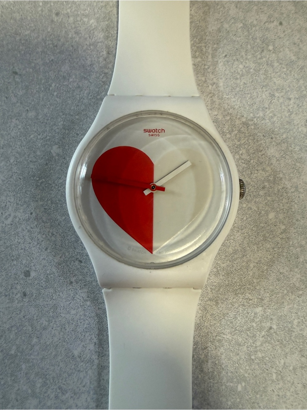 Swatch White Silicone Watch with Red Heart Accent